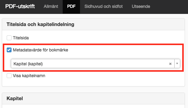 Skärmdump på Inställningar för PDF utskrift