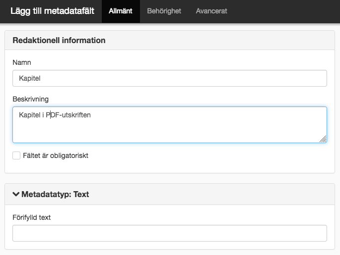 Skärmdump på metadata inställningar