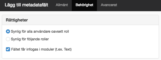 Skärmdump på metadata inställningar