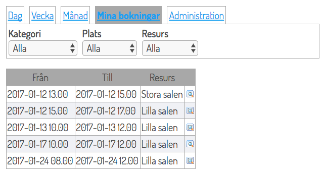 Skärmdump på Mina bokningar