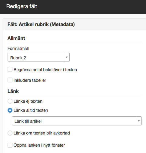 Ändra inställningar för Artikel rubrik