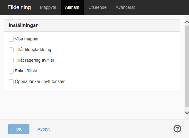 Inställnignar i modulen Fildelning