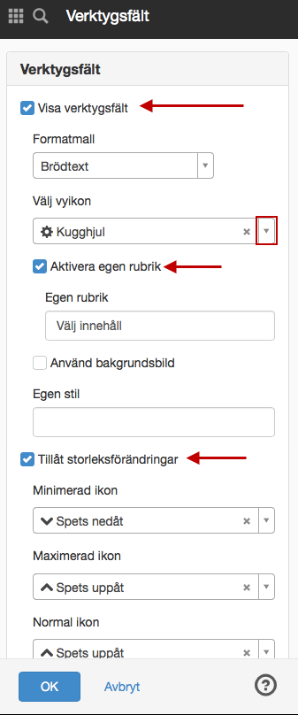 Inställningar verktygsfält
