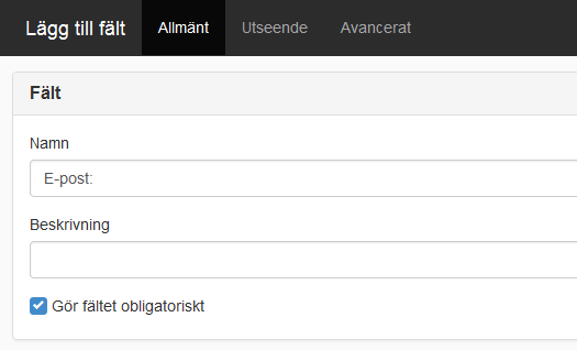 Skärmdump på fliken Allmänt, fält