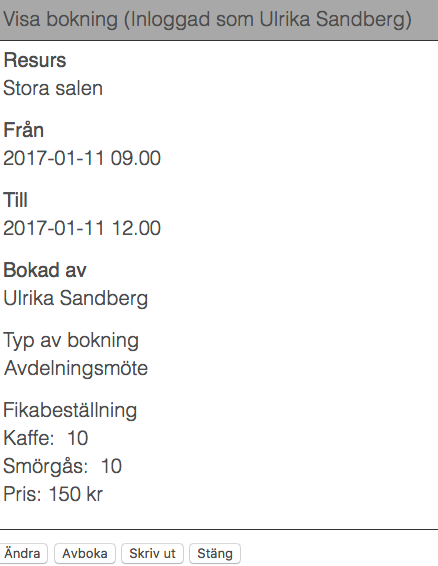 Skärmdump på bokningsdetaljer