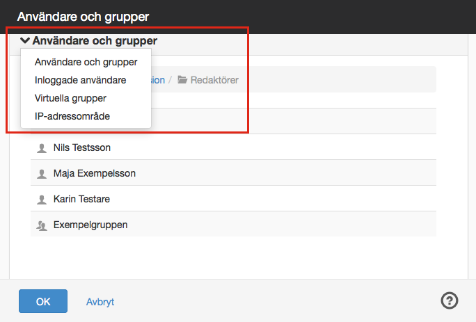 Menyalternativ för att lägga till användare och grupper