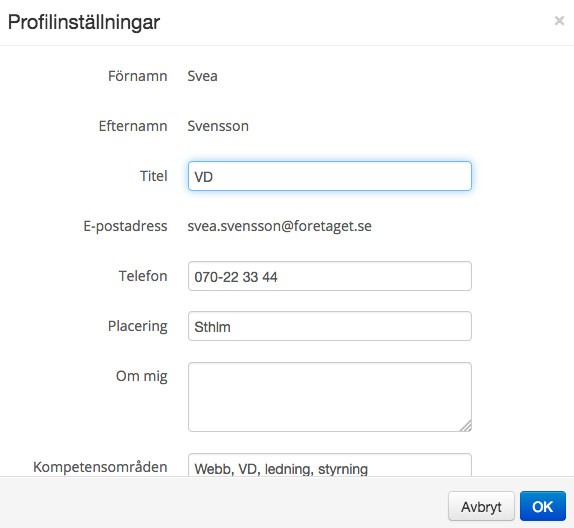 Exempel på redigering av Användarfält