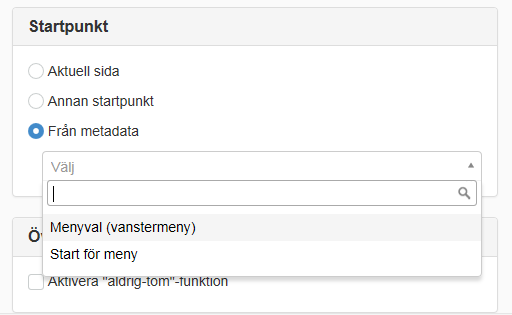 Inställning peka ut metadata för start