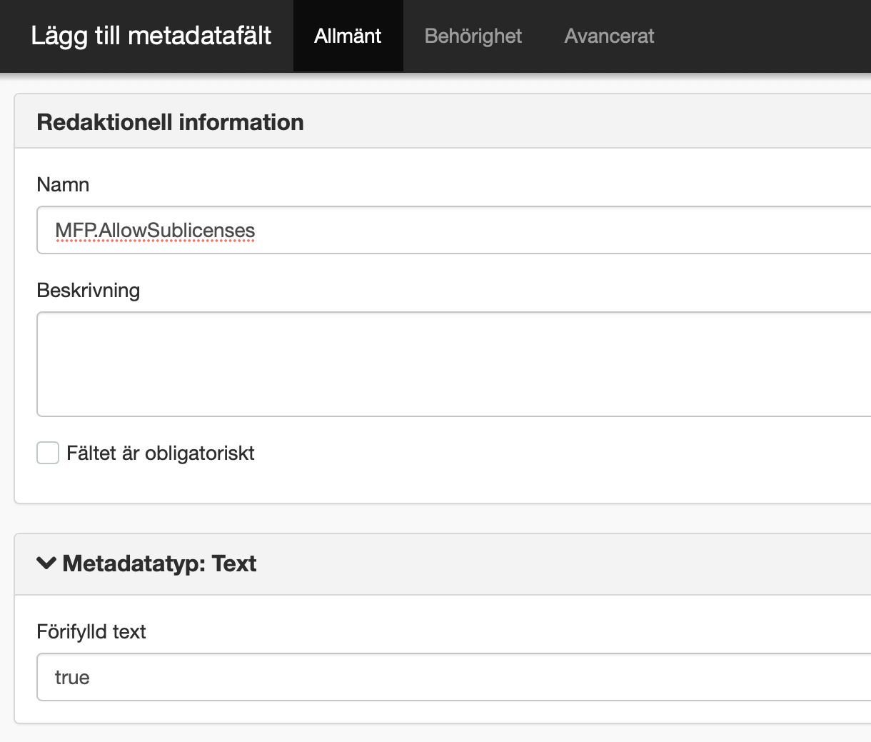 Skärmklipp från vyn Lägg till Metadatafält.