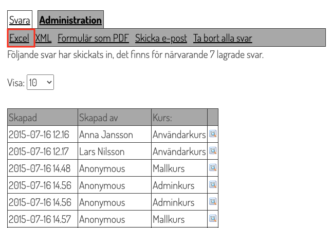 Spara svar i Excel