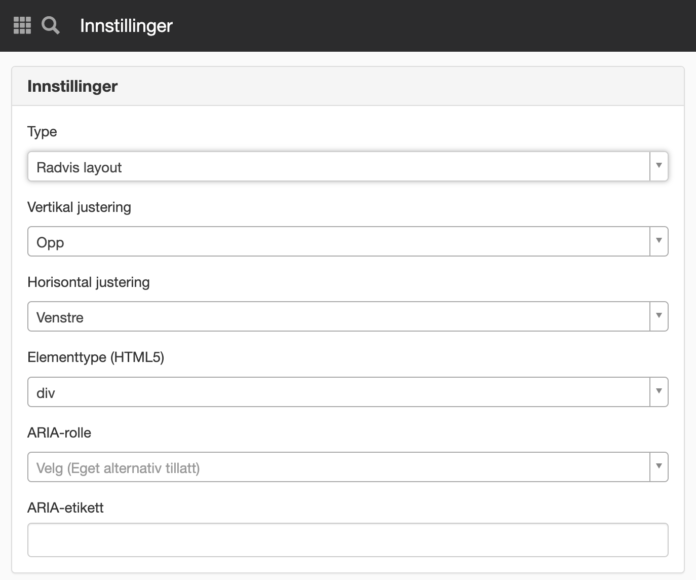 Panelet innstillinger på en layout
