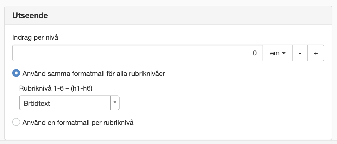Utseendeinställningar i modulen Innehållsförteckning