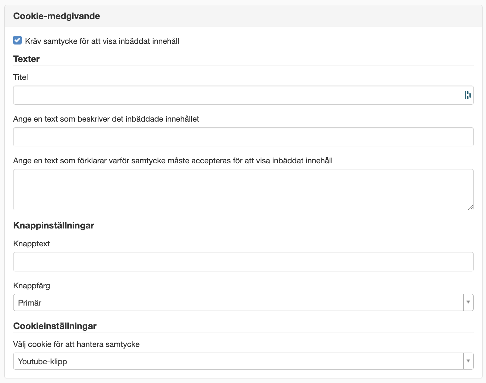 Cookie-medgivande för modulen Bädda in