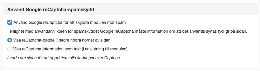 reCaptcha Tyck till