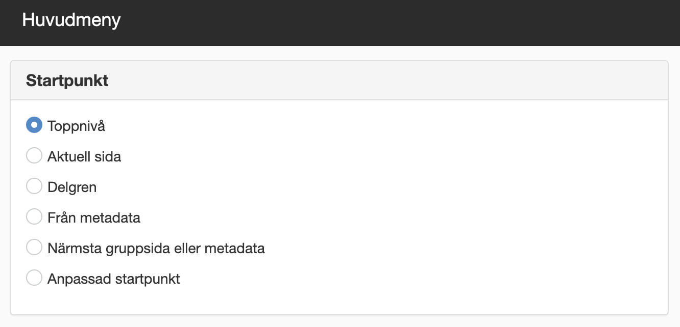 Inställningar huvudmenyn