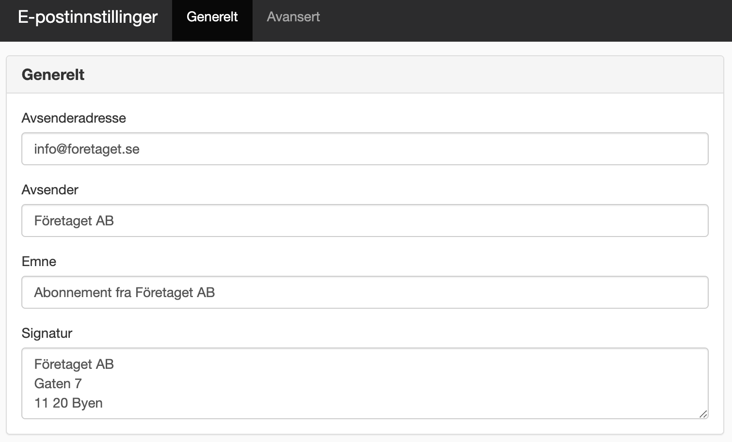 Fanen Generelt i E-postinnstillinger