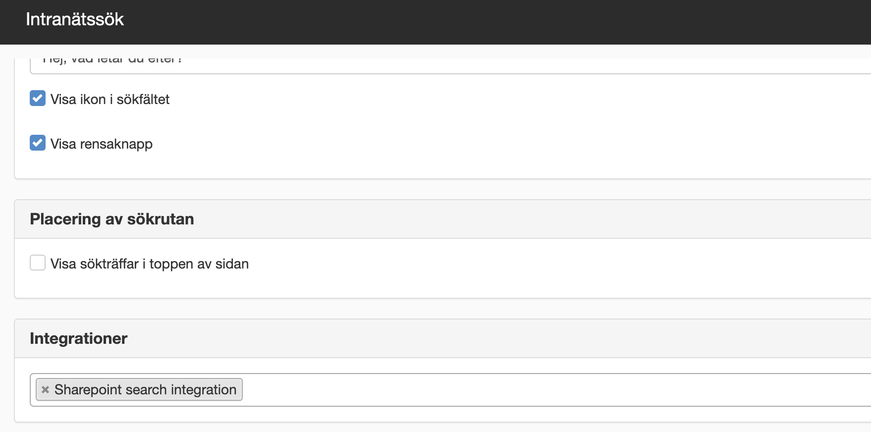 Skärmklipp från intranätssök där inställningen för Sharepoint integrationen görs. 