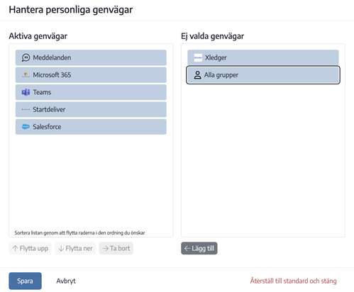 Hantera personliga genvägar