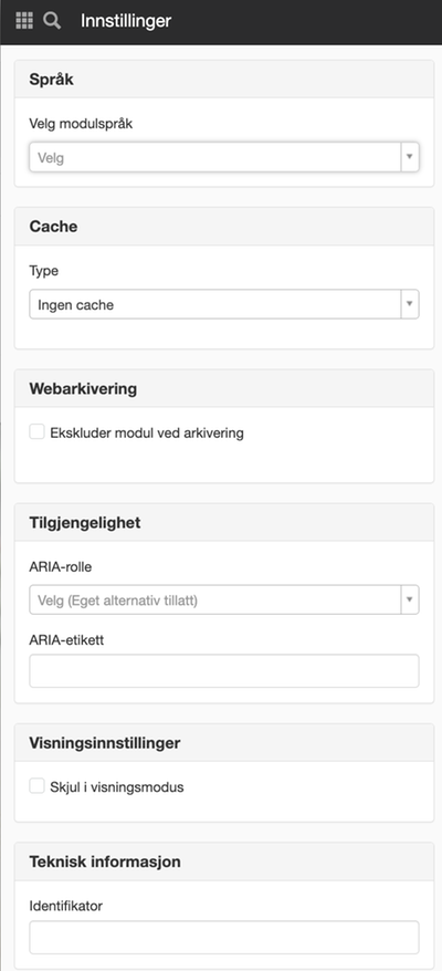 Panelen Inställningar på en modul