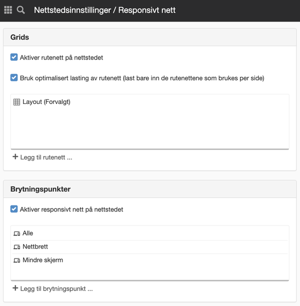 Panelet Responsivt nett i Nettstedsinnstillinger