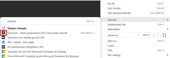 historik i en webbläsare med favicon