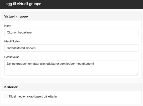Virtuell gruppe som skal brukes for SAML