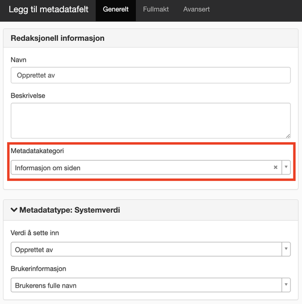 Legg til metadatakategori