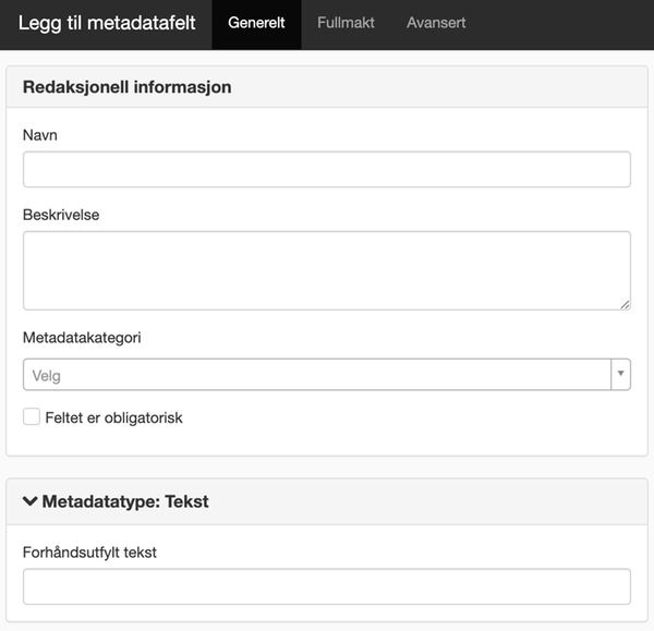 Legg til metadatafelt - Generelt