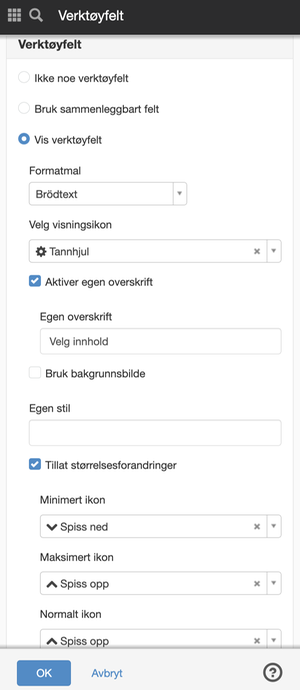 Innstillinger for verktøyfelt