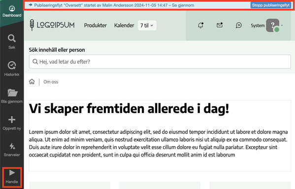 Handle-ikon og statusmelding