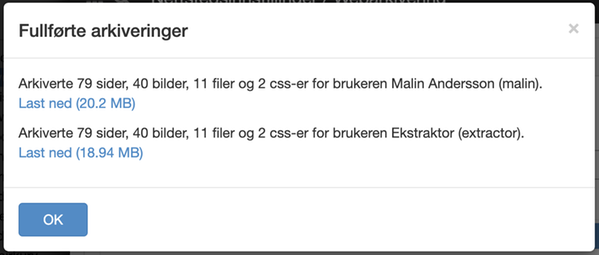 Melding om fullførte arkiveringer