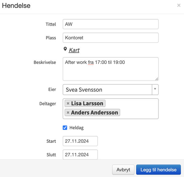 Innstillinger for hendelse