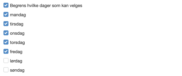 Begrens hvilke dager som kan velges