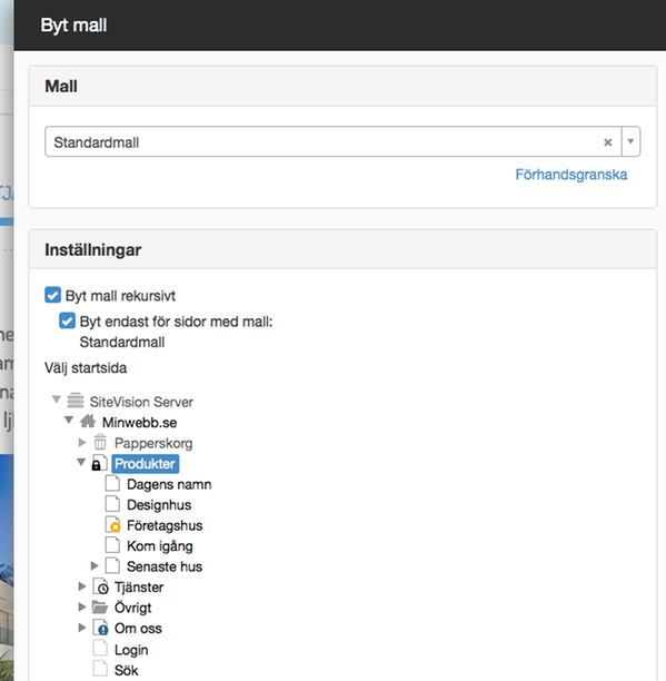 Dialogruta för att byta mall rekursivt i SiteVision 4