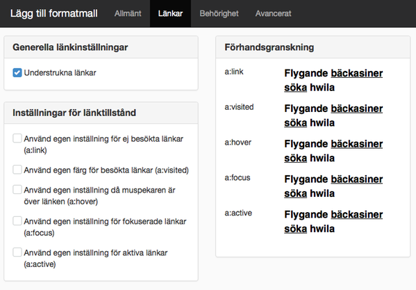 Länkar, lägg till formatmall