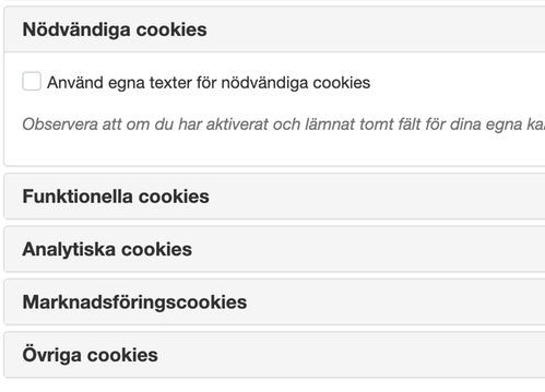 Skärmklipp för webbplatsinstälningen nödvändiga cookies
