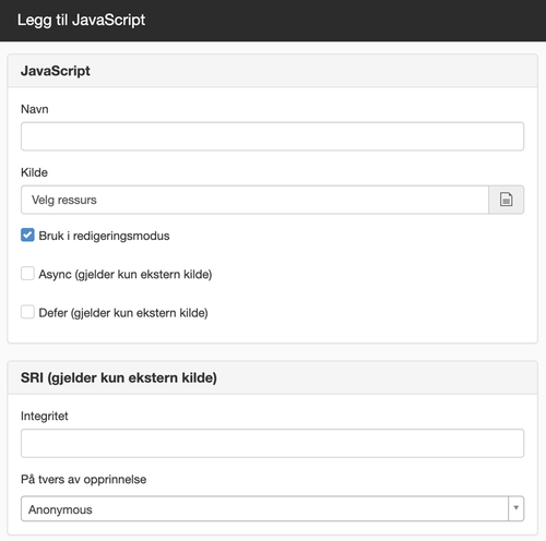 Dialogboks for å legge til Javascript-utvidelser i <body>