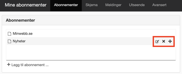 Ikoner for å redigere, slette og flytte abonnement