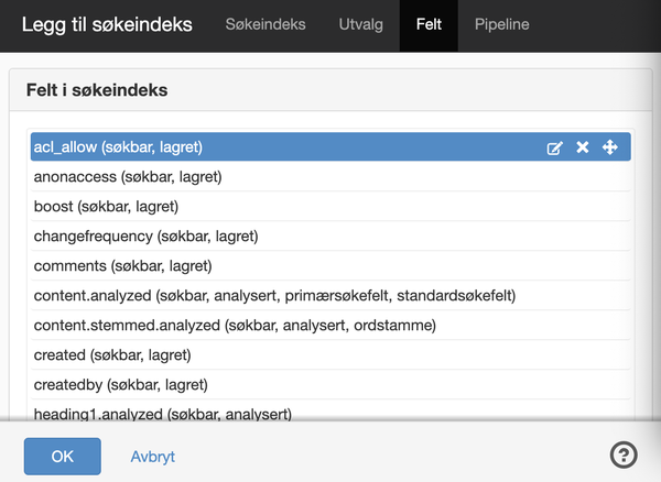 Fanen Felt i Legg til søkindeks